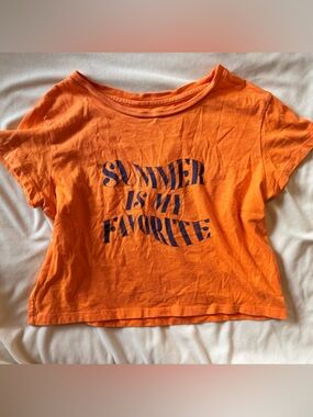 aerie Bright Orange Graphic Crop Tee with Navy Print